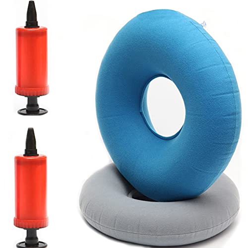 2 Piezas Cojín de Anillo de Rosquilla Inflable, Cojín Redondo Coxis Inflable con Inflator Bombas,...