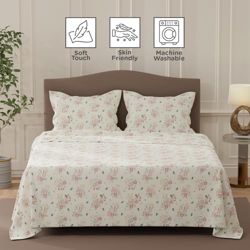 Image of Layers 100% Cotton Bedsheet for Double Size Bed | Lumina Floret Collection | 144 TC Soft & Breathable | Floral Print with 2 Pillow Covers | Wrinkle Free | 3 Piece Bedding Set - Pink & White
