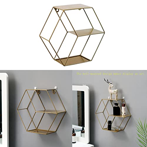 Étagère Murale Hexagonale En Fer Forgé d'or pour Rangement et Bibliothèque