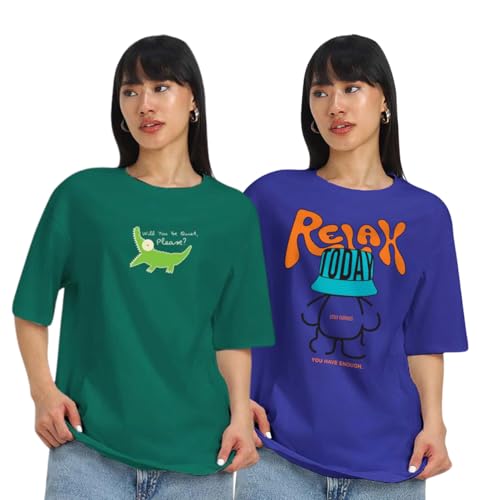 Image of JUNEBERRY 100% Pure Cotton, Pack of 2,Round Neck, Oversized Loose,Drop Shoulder,Graphic Printed, Half Sleeve T-Shirts for Women & Girls, in Different Colors, with Sizes Range from S to 2XL.