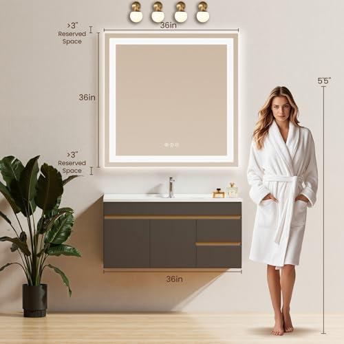 Image of 36x36 LED Bathroom Mirror with Anti-Fog, Backlit & Front Lit, Memory | Stepless Dimmable 3 Color CRI 95+ Shatterproof Tempered Glass ETL Listed for Safety Lighted Bathroom Vanity Mirror for Wall