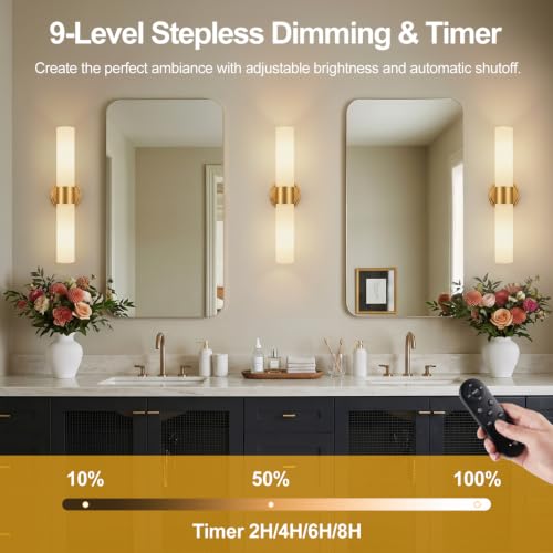 Image of Battery Operated Wall Sconce Set of Two, Modern Brushed Gold Wall Lighting with Milky White Glass, Wireless Wall Sconces with Remote Control