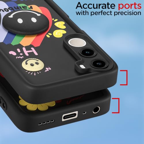 Image of Pikkme Back Cover for Poco M7 Plus 5G | Soft Silicone| Cute Rainbow Smile & 3D Cartoon Flower Design | Shockproof Raised Camera Protection Bumper Case (Black)