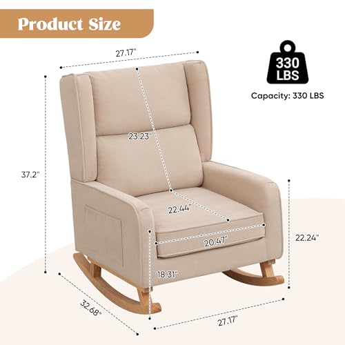 Image of HCHAIRH Nursery Rocking Chairs, Rocking Chair Nursery for Mom Nursery Rocker with High Backrest and Solid Wood Legs, Khaki Modern Wingback Accent Chair for Reading Living Room Bedroom