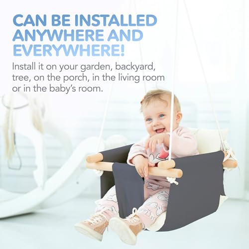 CaTeam - Canvas Baby Swing, Wooden Hanging Swing Seat Chair with Safety Belt, Durable Baby Swing Chair, Outdoor and Indoor Swing for Kids, Mounting Hardware Included, Gray-White
