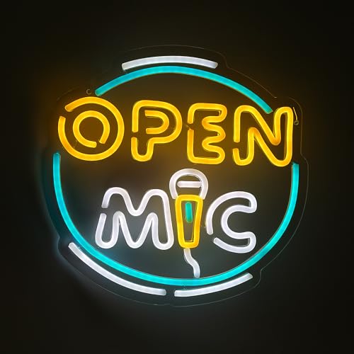 Image of Open Mic Neon Sign for Podcast,Speaker,Music Microphone Led Neon Light Up Sign for Home Bar, Karaoke,Open Stage Nights, Music Studio Party Wall Decoration