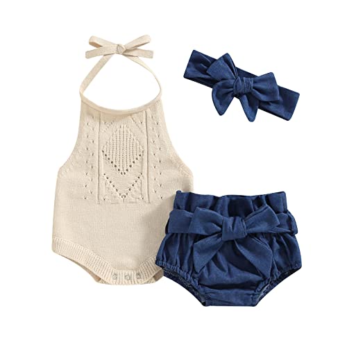 NANCHNEGGU 4PCS Baby Girl Halter Neck Sleeveless Backless Knitting Romper + Denim Bloomers + Belt + Headband Sets (Beige Blue, 12-18 Months)