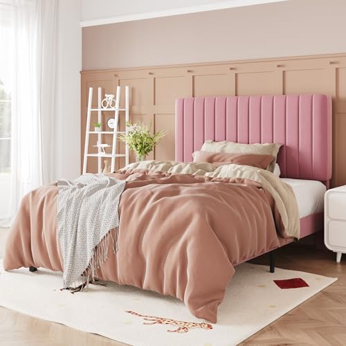Image of Allewie Twin Bed Frame, Velvet Upholstered Platform Bed with Adjustable Vertical Channel Tufted Headboard, Mattress Foundation with Strong Wooden Slats, Box Spring Optional, Easy Assembly, Pink