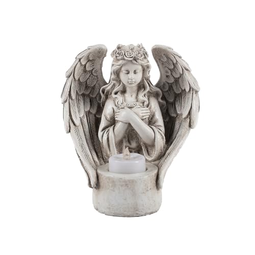 FIYSON Statues d'ange de jardin - Bougeoir ange en prière - Figurine d'ange gardien avec bougie chauffe-plat LED - Résistant aux intempéries - Décoration funéraire pour cimetière - Décoration en