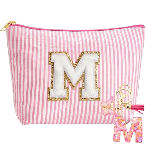 MHwan Trousse de Toilette Femme Fille, avec Porte-Clés et Initiales, Trousse Maquillage Personnalisée pour Mamans, Amies, Sœurs, Cadeau Personnalisé Femme et Fille (Rose M)
