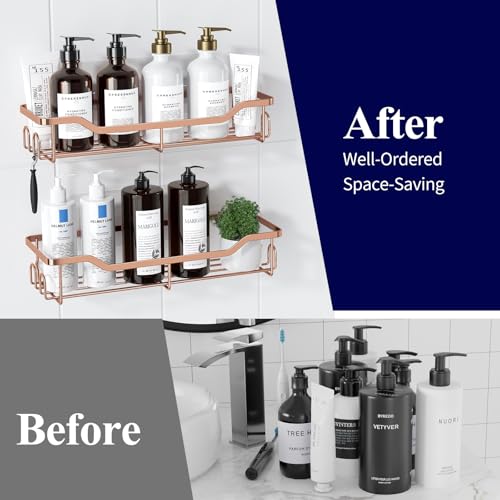 Image of Kitsure Shower Caddy Large - Adhesive Shower Organizer, Stainless Steel Shelf for Inside Shower, No Drill Bathroom Organizers and Storage, Home Decor Accessories, 2 Pack, Rose Gold