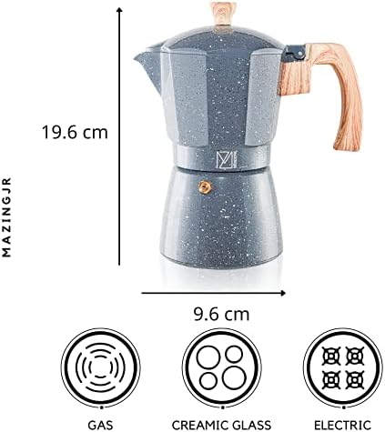 MazingJR Moka Pot Stovetop Espresso Maker 300ml for 6 Cup, Aluminum with Dark Gray Finish