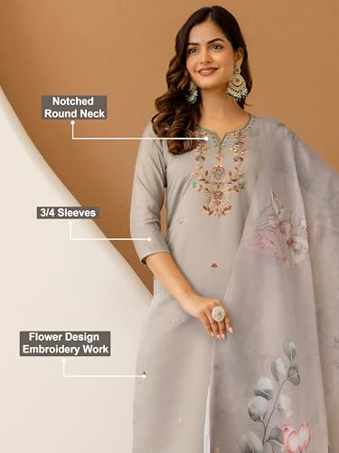 Image of TRENDMALLS Women's Chanderi Silk Embroidery Sequence Work Kurta Pant with Dupatta Ethnic Wear Salwar Suit Set For Women