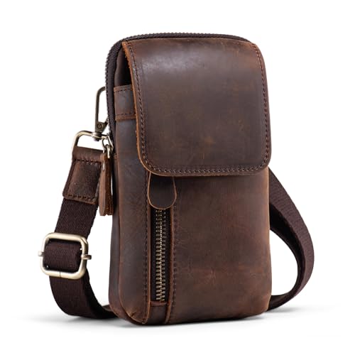 hengwin Leder Handy Gürteltasche Herren, Handy Holster mit Gürtelclip & Schultergurt, Große Smartphone Tasche für iPhone 17 Pro Max Samsung Galaxy S25 Ultra, Crossbody Brusttasche Outdoor Dunkelbraun