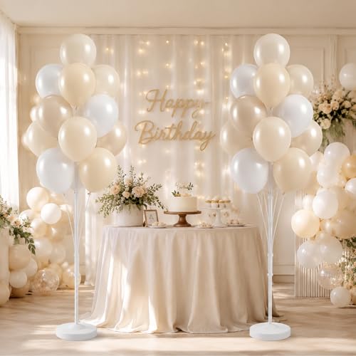Image of Balloon Column Stand Kit,2 Sets of Assorted Rainbow Balloon Tower Pillar with 10inch Bright Color baloon Reusable Design for Grirls Party,Birthday, Wedding,Baby Shower (Pearl Ivory White)