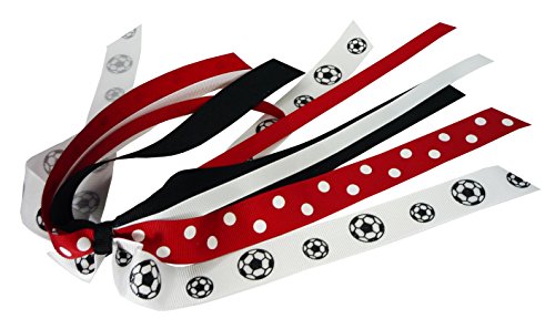 Soccer Glitter Hair Tie with Red Polka Dot, Black and White Ponytail Ribbon Bows