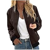 Bomberjacke Damen Herbst Kurze Blouson Jacke Casual Pilotenjacke Langarm Zip Up Einfarbig Leichte Coat Sweatjacke mit Taschen,Braun,M