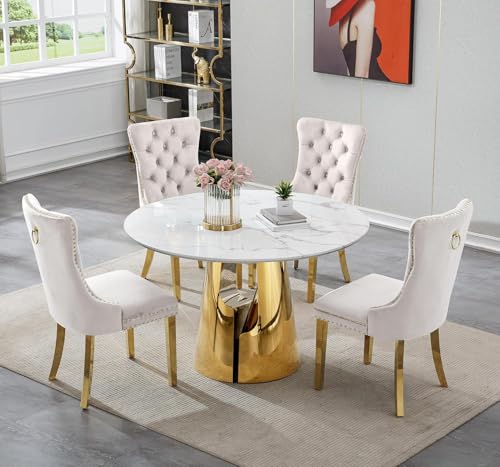 Image of 5-Piece Round Dining Table Set for 4, Modern Faux Marble Kitchen Table and Beige Velvet Chairs Set of 4, Luxury 45 inch Circle White Gold Dining Room Tables with Stainless Steel Base
