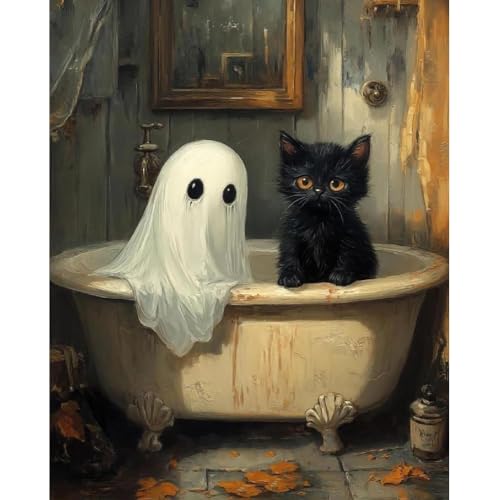 Image of Clendo Halloween Paint by Numbers Kit for Adults, Ghost Oil Painting by Numbers with Brushes, Black Cat Art and Crafts Canvas Kit for Beginner Home Decor 16x20 inch / 40x50 cm