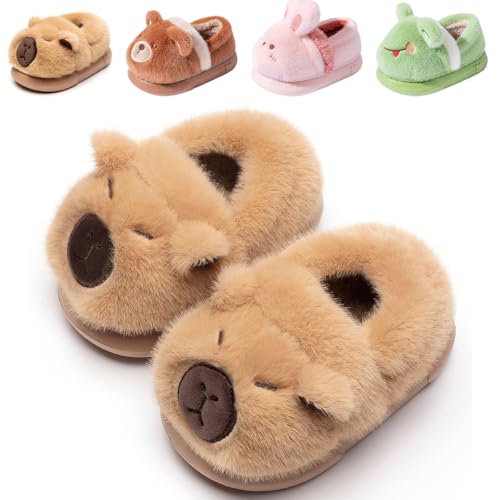 DRECAGE Chaussons Enfant pour Fille et Garçon, Pantoufles en Peluche Chaudes avec Design Animal Mignon, Antidérapantes 316 Kaki Capybara 230 34 EU