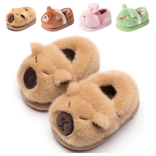 DRECAGE Zapatillas de Casa Niño Niña Invierno, Pantuflas de Peluche y Diseño de Animales Calientes Suave y Antideslizantes 316 Caqui Capibara 220 33 EU