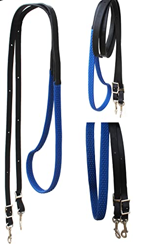 CHALLENGER Horse Western 8' Black Leather Rubber Grip Contest Barrel Reins Blue 805LR14RB