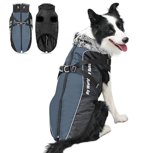 ALLSOPETS Cappotto per Cane Impermeabile e Caldo con Pettorina Integrata e Strisce Riflettenti, Giacca Invernale per Cani di Taglia Media e Grande (Grigio Ardesia, 5XL)