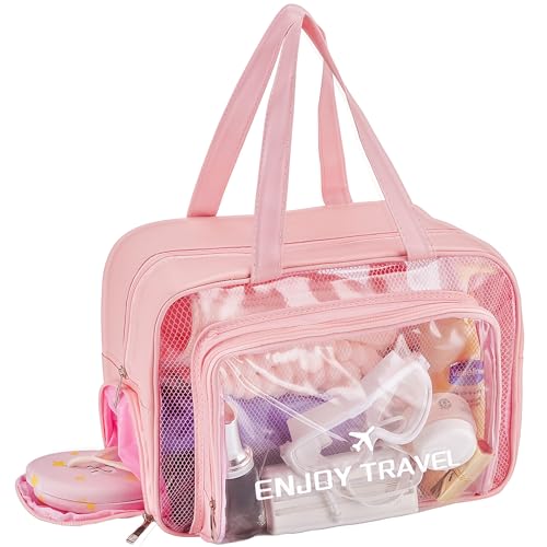 Waterproof Beach Bag with Shoe Compartment – Large Capacity Clear PVC Tote Bag, Portable Unisex Travel Makeup Organizer for Swimming, Gym, and Vacation (PINK)