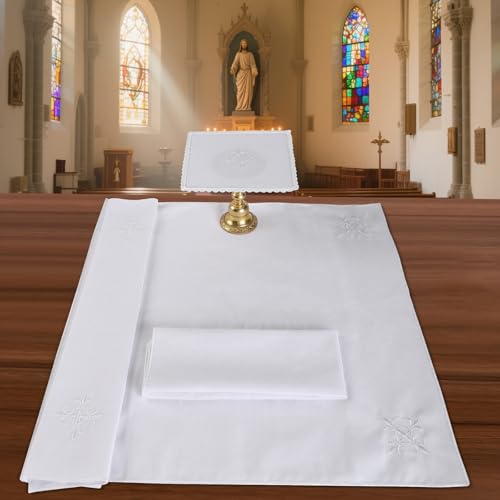 4 Pcs Altar Supplies Linen Corporal for Churches Sets (Pall,Corporal,Purificator,Towel) White Linen Altar Cloth Silver Cross Embroidery,Mass Kit Catholic for Priest