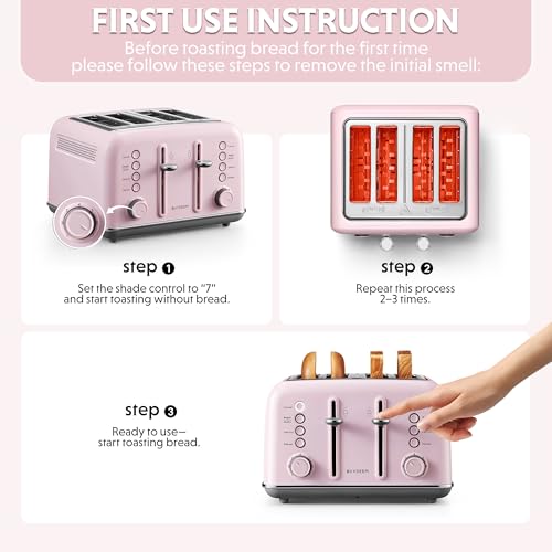 Image of BUYDEEM DT640 4-Slice Toaster, Extra Wide Slots, Retro Stainless Steel with High Lift Lever, Bagel and Muffin Function, Removal Crumb Tray, 7-Shade Settings,Pink