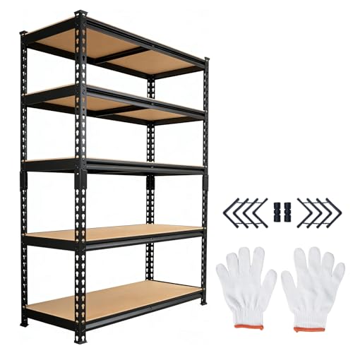 GH 5 Tiers Black Heavy Duty Metal Shelves 150cm H x 70cm W x 30cm D Adjustable Height Easy Assembly Storage Shelves Versatile Shelving Units Suitable for halls Kitchens Garages and Basements