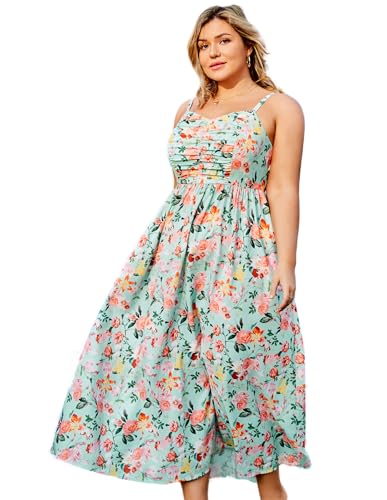 Hanna Nikole Women's Beach Long Dresses Smocked Back for Plus Size Women Casual Loose V Neck Dress 4X Safflower