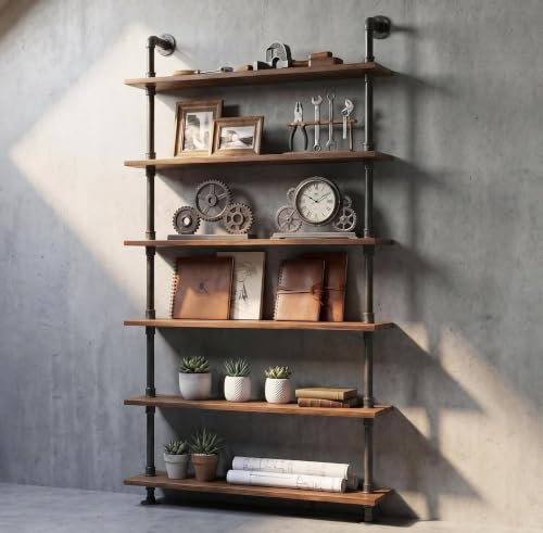 Industrial Pipe Bookshelf, 6 Layer Rustic Modern Wood Ladder Shelf with Metal Frame, Home Decor, Display Shelving, Retro Floating Shelving, 35.4x9.8x79in, 10-20lbs, Pine