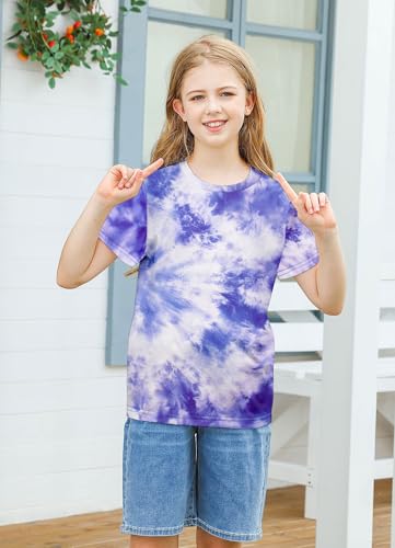 Image of SunFoucs Girls Kids Shirts Size 5-12 Tie Dye Casual Tshirt Short Sleeve Crewneck Tee Top | Short Sleeve Rainbow Tee Top
