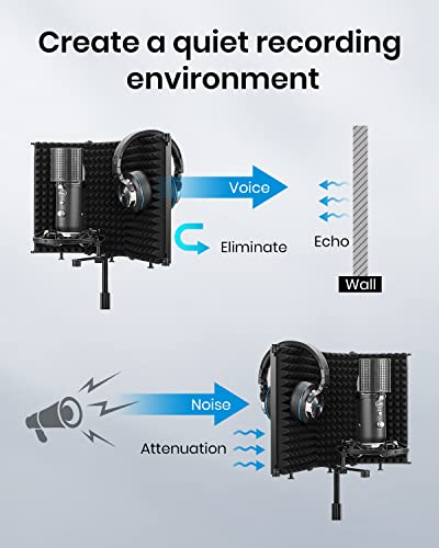Moukey Microphone Isolation Shield, Foldable Mic Shield with Triple Sound Insulation, Reflection Filter with 3/8" and 5/8" Mic Threaded Mount for Recording Studio, Podcasts, Singing, and Broadcasting - Thumbnail 2