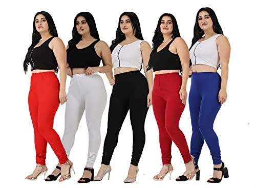 Image of Plus Size Women Multicolor Cotton Lycra Churidar Pack of 5 Leggings (Size S-5XL)