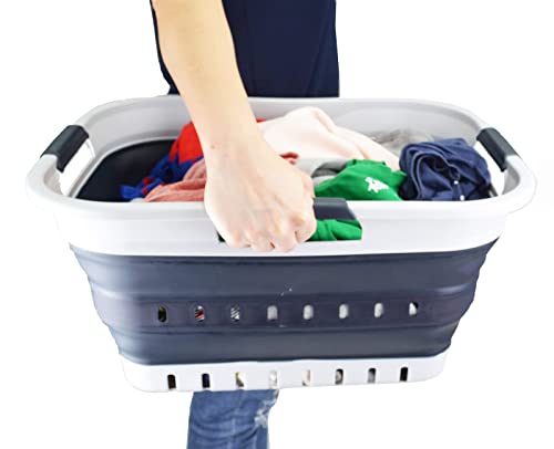 SAMMART Wäschekorb aus Kunststoff, zusammenklappbar, 30 l, mit 3 Griffen, faltbar, Aufbewahrungsbehälter, Organizer, tragbare Waschwanne, platzsparender Korb (Grau/Schiefergrau)