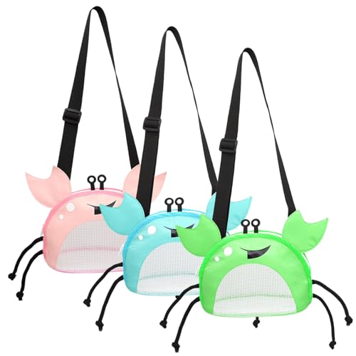 Lawnrden 3PCS Seashell 7x4x5.5'' Crab-Shaped Mesh Beach Bag with Adjustable Strap Seashell Collecting Bag for Kids Holding Pool Sand Toy, Beach Toy