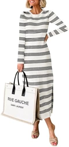Saodimallsu Vestido feminino de manga comprida, listrado, casual,...