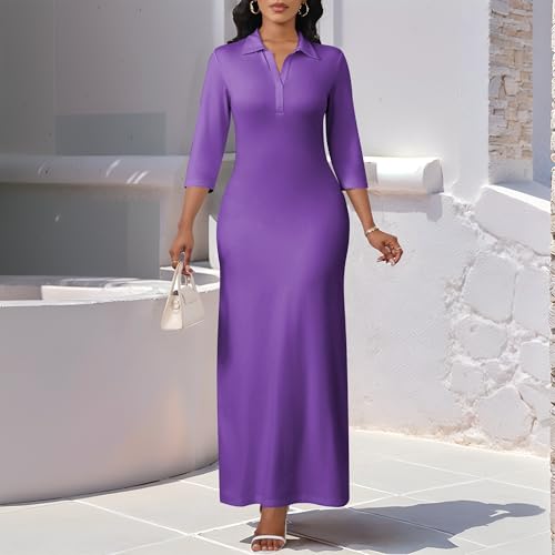Image of PinkPatty Women's Casual 3 /4 Sleeve Polo V Neck Bodycon Maxi Dress | Semi formal, modest style, long fitted, versatile for church, work, business, office and daily wear