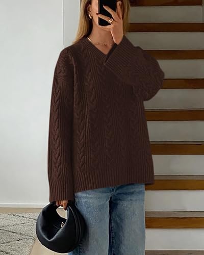Okiwam Women's Oversized Sweaters Long Sleeve V Neck Cable Knit Pullover Tops Fall Outfits Winter Fashion Clothing 2026-XL Brown — view 5