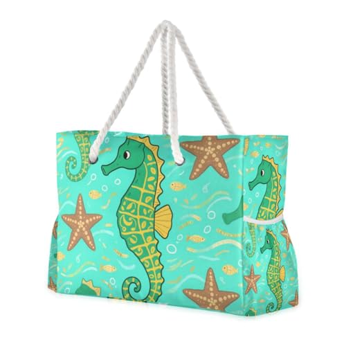 OTVEE Green Seahorses Pattern Beach Bags for Women Ladies Large Canvas Tote Shoulder Bag Waterproof Travel Bags for Gym Swim Pool Camping