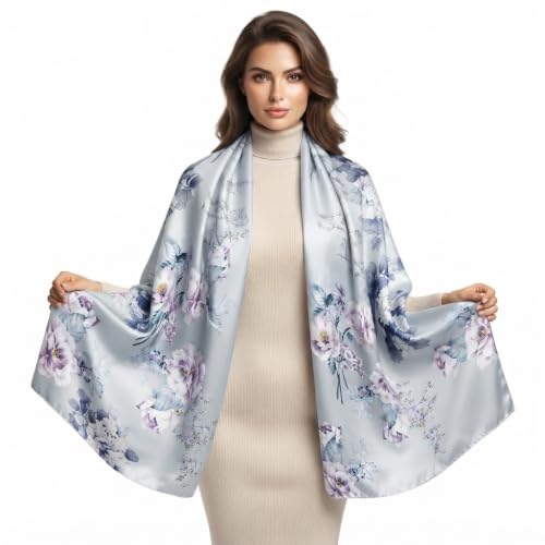 Image of Women's Floral Printed Silk Scarf | Premium Soft Lightweight Stole & Shawl | Fashion Neck Wrap for Wedding, Evening, Travel & Daily Wear | 180 x 90 cm