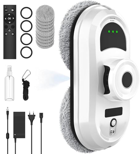 Robot pulitore di vetro, 5600 Pa di aspirazione, navigazione intelligente, sistema di sicurezza, telecomandato, per tutte le superfici lisce, con 10 panni (C)