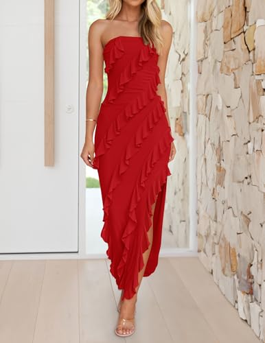 Image of ZESICA Women's 2026 Strapless Cocktail Party Bodycon Dress Off Shoulder Mesh Tassel Ruffle Side Split Maxi Long Dresses