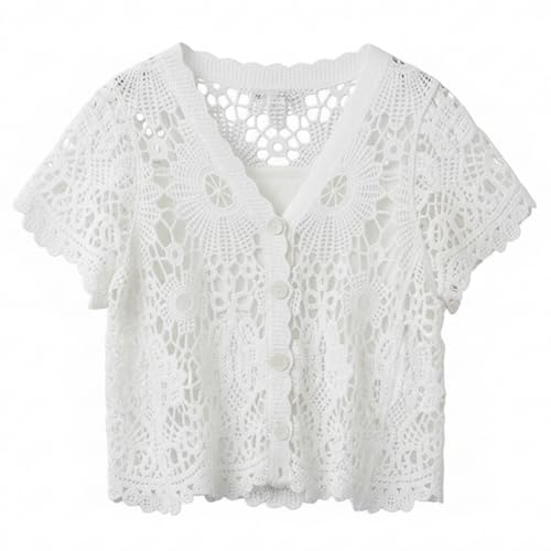 Cárdigan de crochet blanco transpirable que soluciona el frío del aire acondicionado en verano
