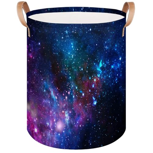 Kids Laundry Hamper Collapsible Laundry Baskets for Nursery Home Dirty Clothes Toys Storage Galaxy Nebula Round Large Laundry Bucket with Leather Handles