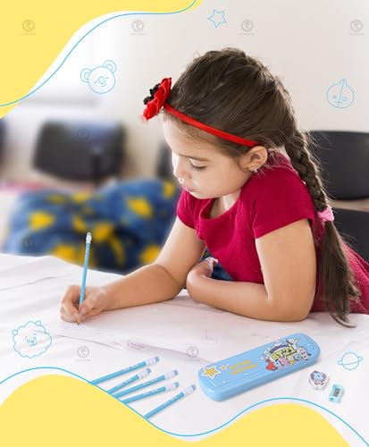 Image of SHAKTISM Beautiful Stationery Set with Pencil, Eraser, Pencil Box, Sharpener, Combo School Stationery Set for Kids - 9pcs (BTS-Blue)