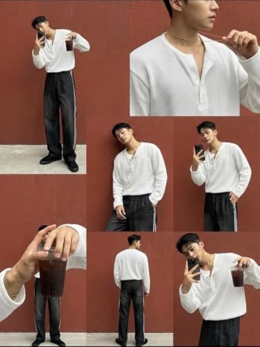 Image of Men's Textured Fabric Solid Half-Open Collar T-Shirt