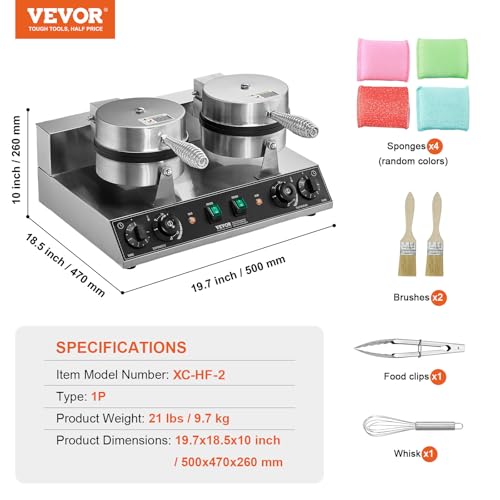 Image of VEVOR Commercial Waffle Maker, Dual-Head Round Waffle Baker Machine, 2460W Non-Stick Stainless Steel Belgian Waffle Iron with Temp and Time Control, Handle, for Restaurant Bakery Snack Bar Family